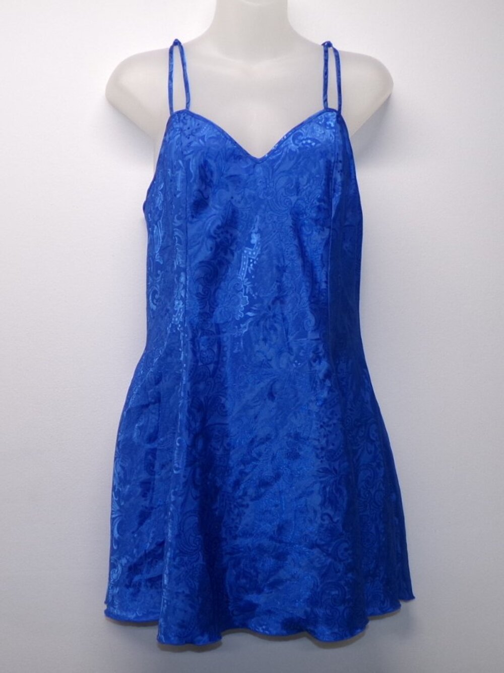 Vtg 90s Victorias Secret Blue Satin Jacquard Floral Paisley Slip Dress Chemise S